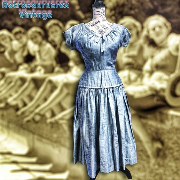 𝅺vintage 1950’s Old Hollywood Special Event Circle Skirt Blue Dress, Small - Picture 7 of 9